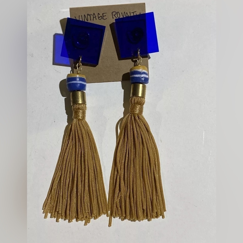Vintage Blue Gold Tassel Earrings Elegant Anniversary Wedding Gift Jewelry